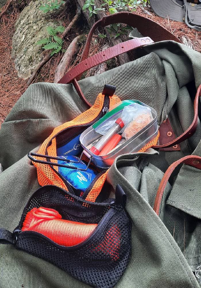 Outdoors gear inside the bag.