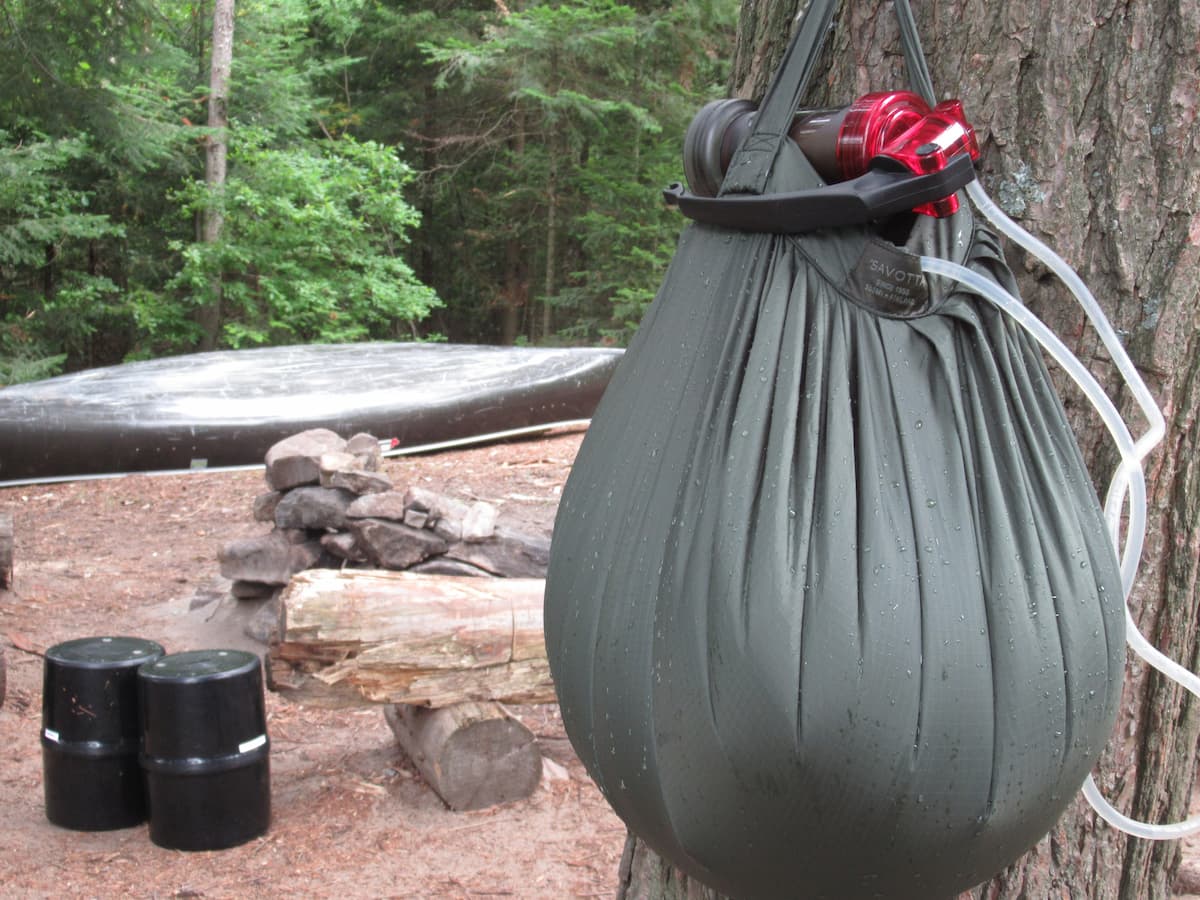 Savotta Water Carrying Bag and micro filtration pump ready at camp