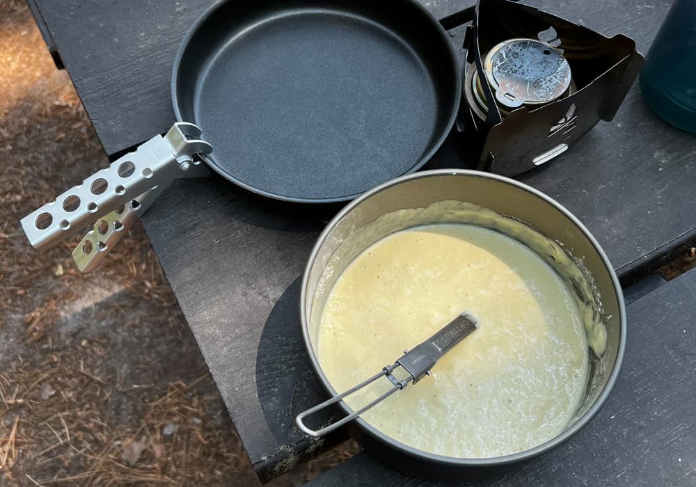 Using Large Pot for Mixing. Frying Pan & Holder at the Ready.