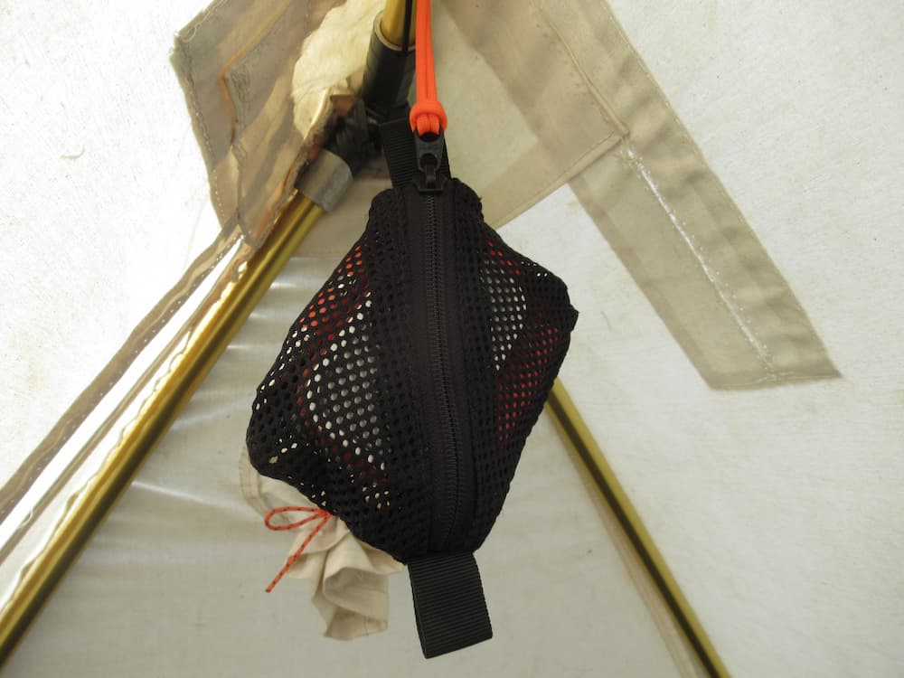 Savotta Pouch containing Fire Starter Kit hanging on Ridge Line