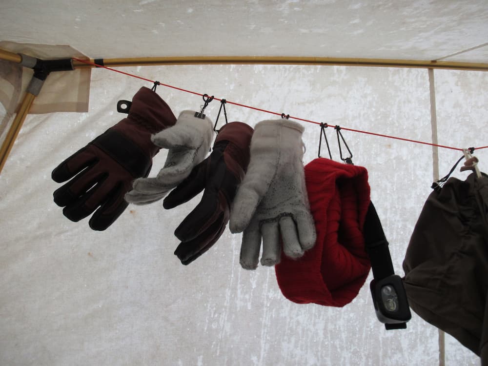 Binder Clips used to Hang Gloves to Dry in Winter Hot Tent